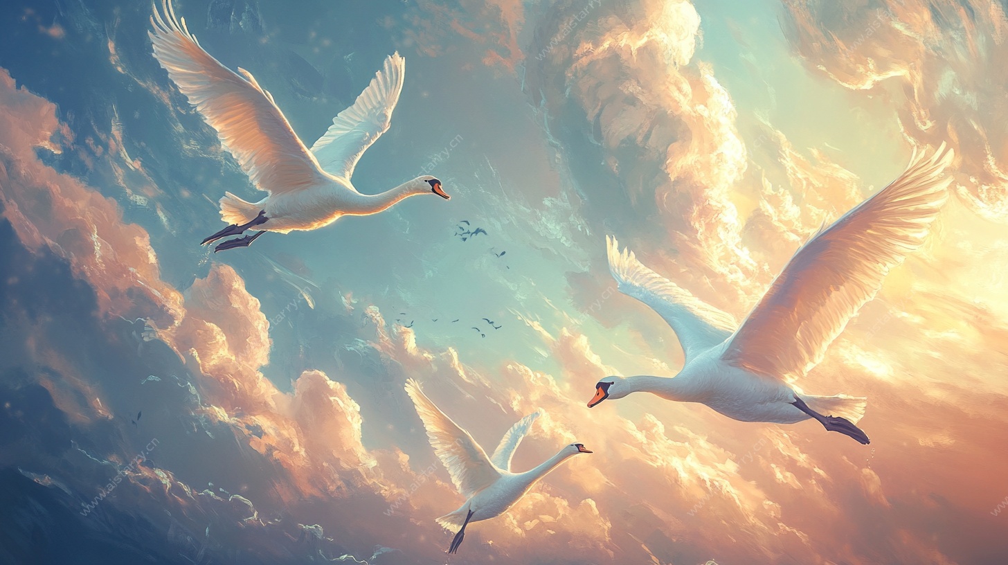 天鹅翱翔于梦幻云端