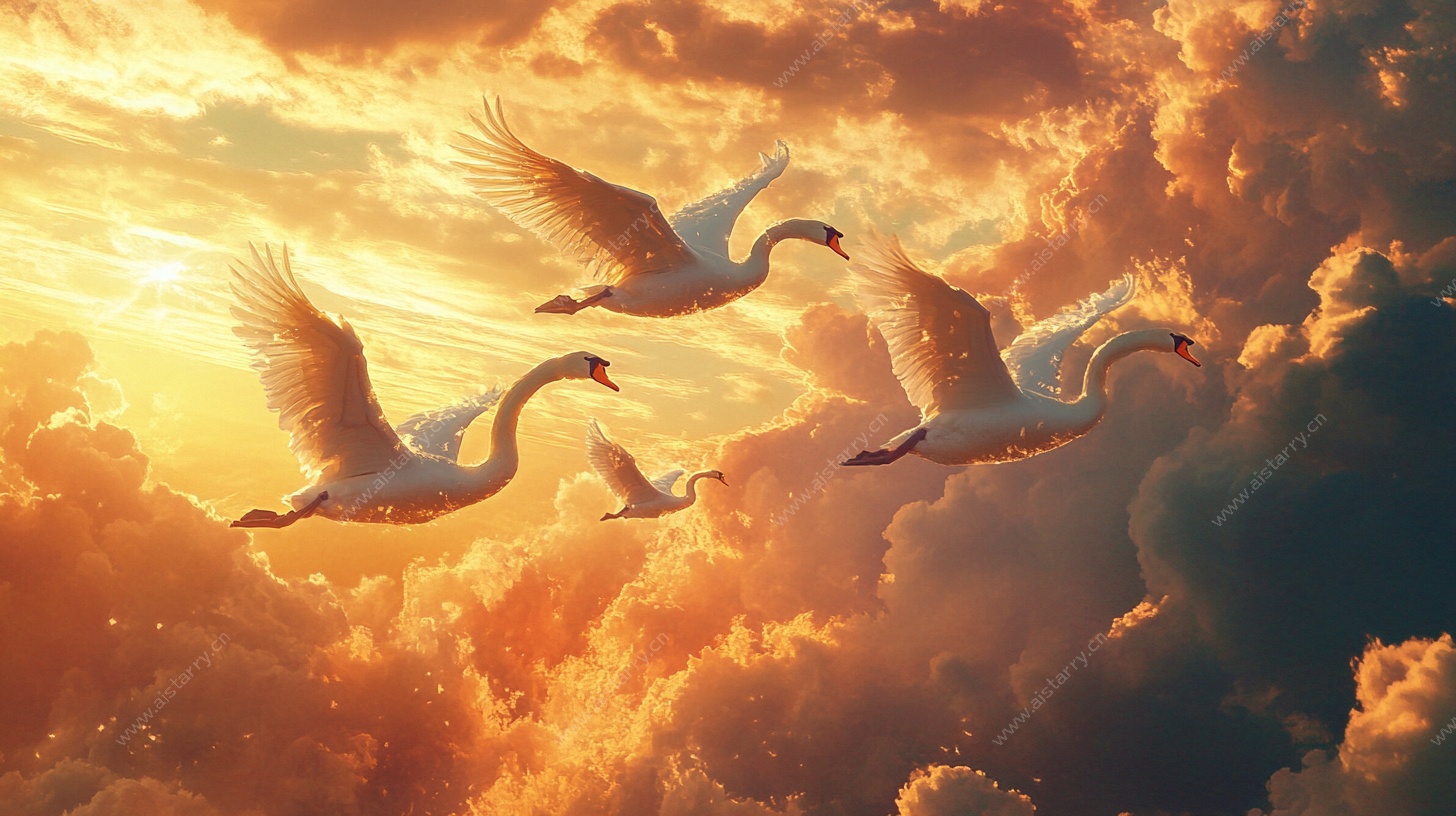 天鹅翱翔于绚丽云霞间