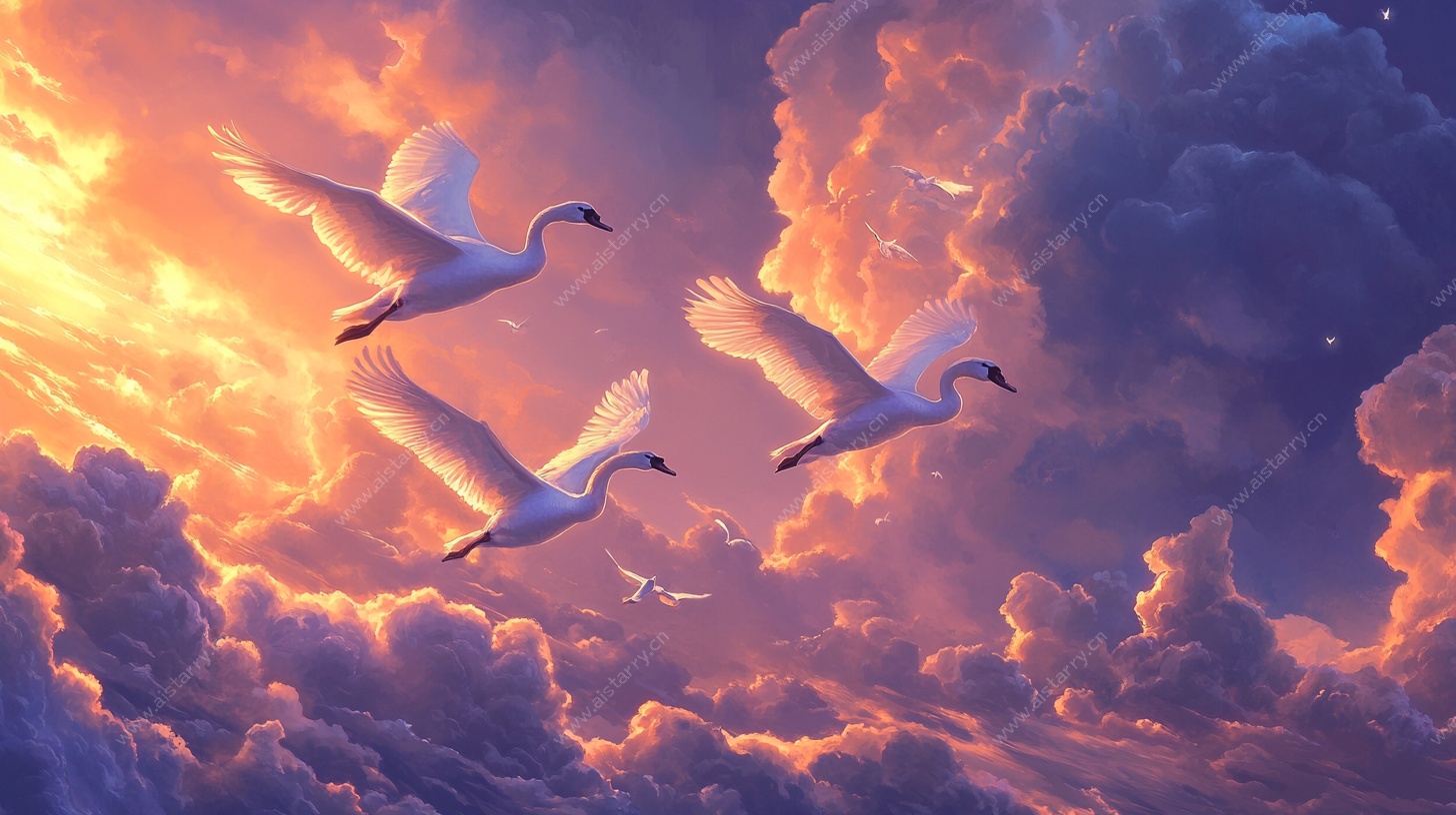 天鹅翱翔于绚烂云霞间