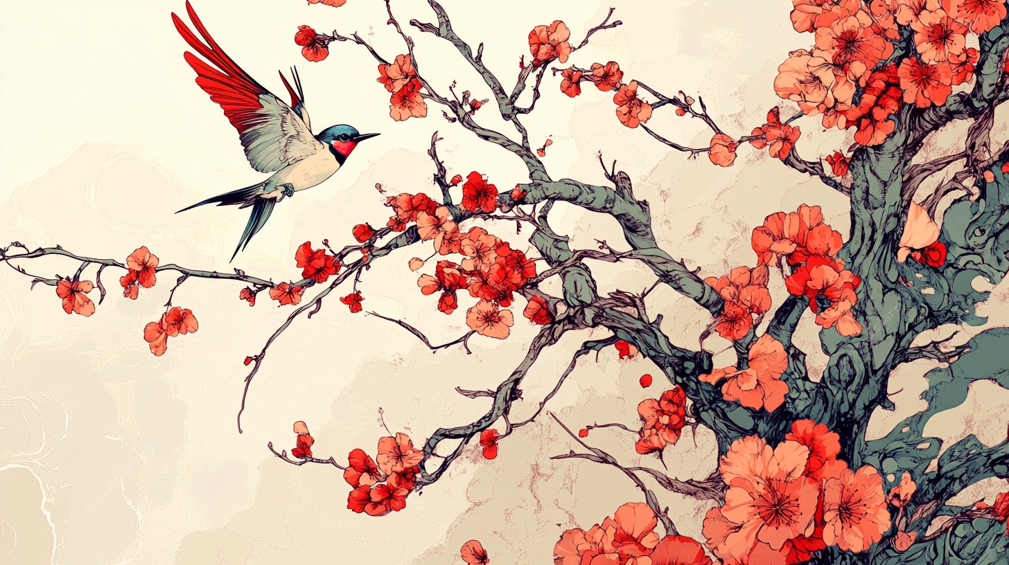 红梅飞鸟图