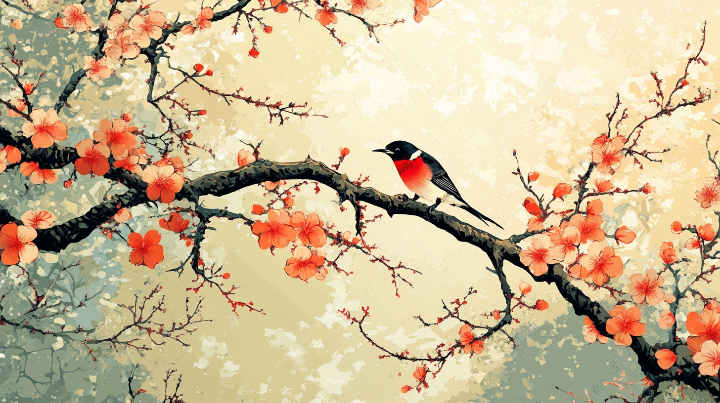 红梅栖鸟图