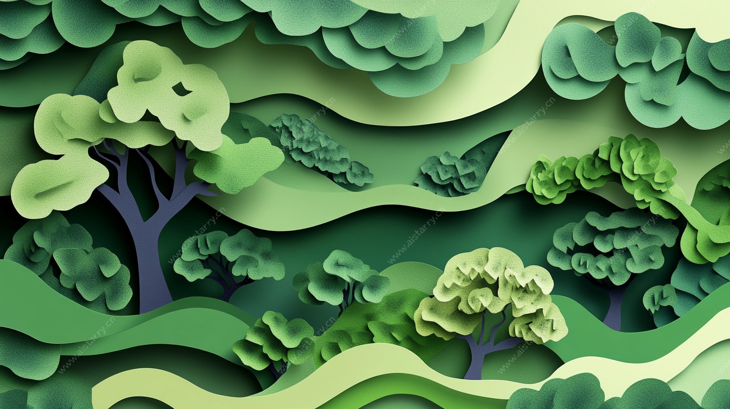 立体纸艺风绿色森林景观
