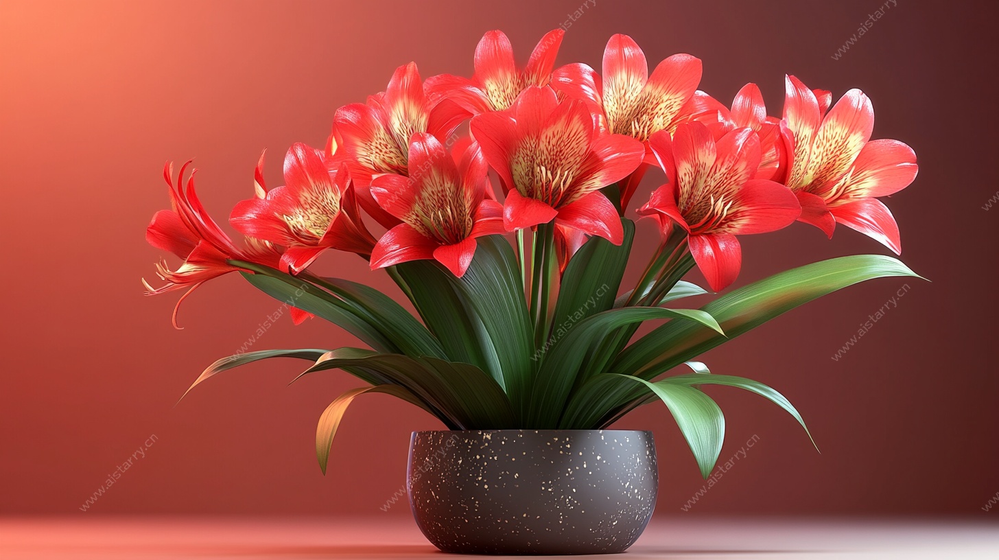 红色朱顶红盆栽花卉特写