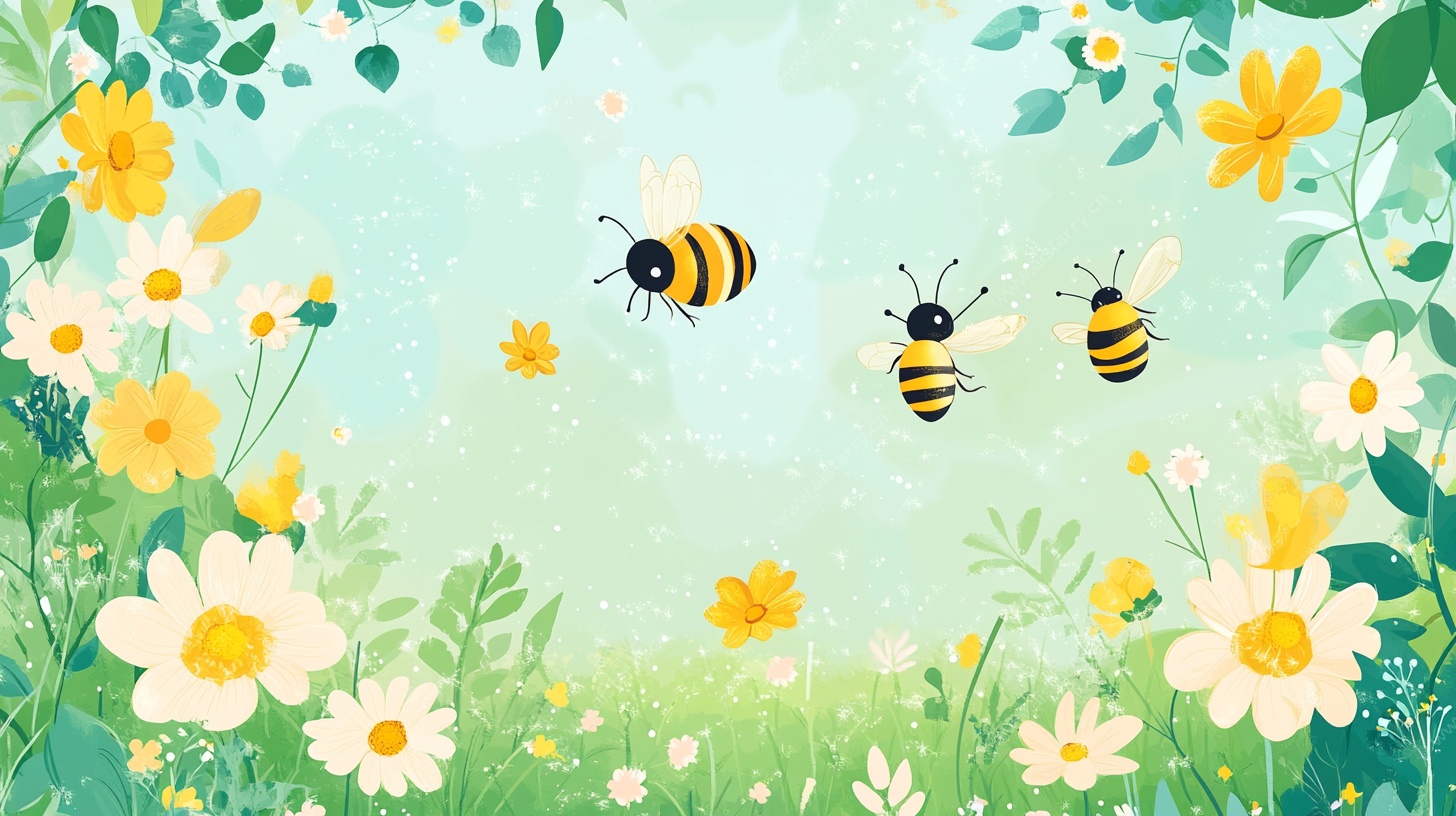 蜜蜂在花丛中飞舞的插画