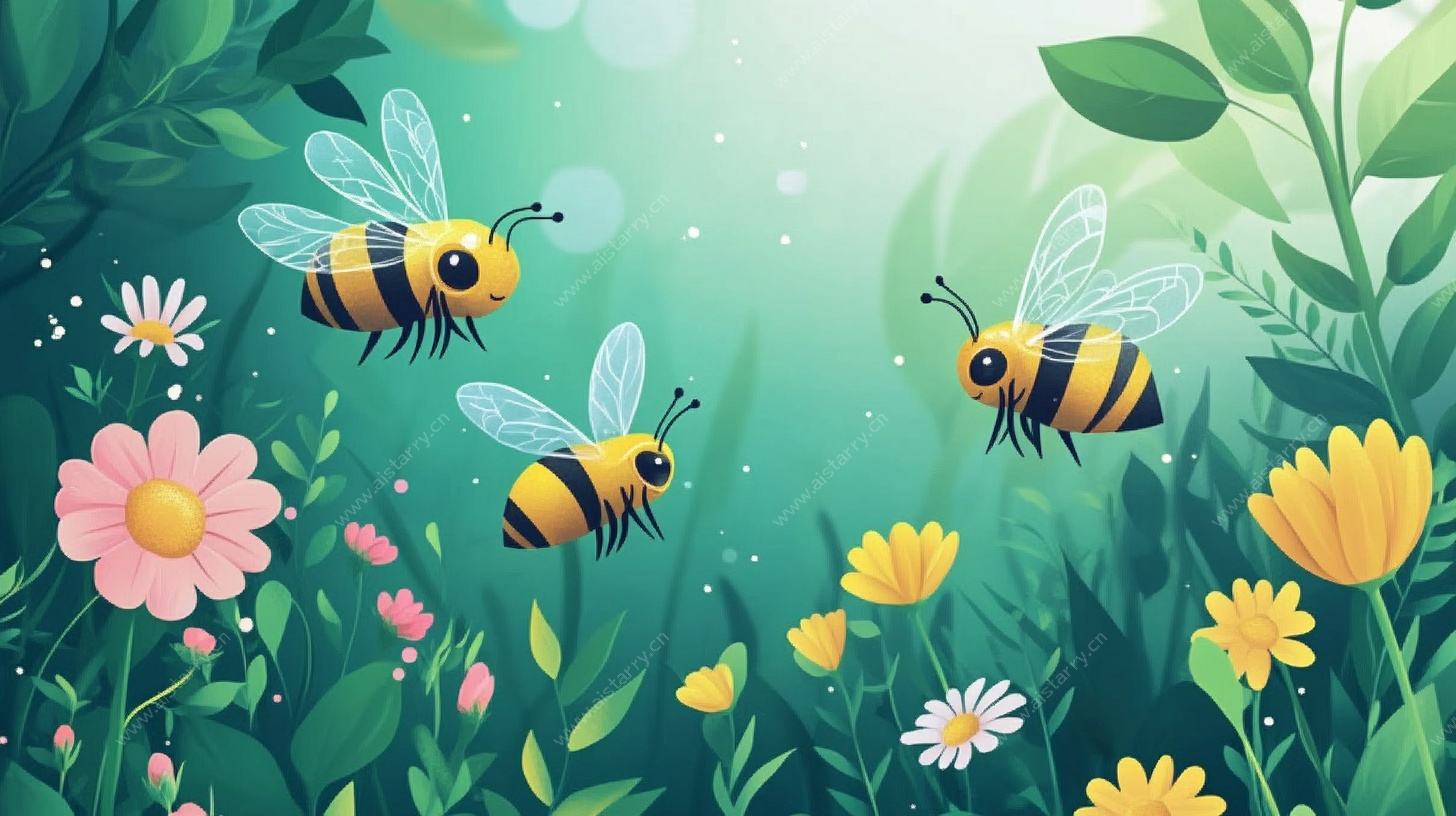 蜜蜂飞舞在花丛间插画
