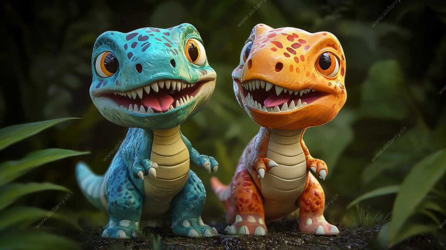 可爱双恐龙玩偶摆拍图