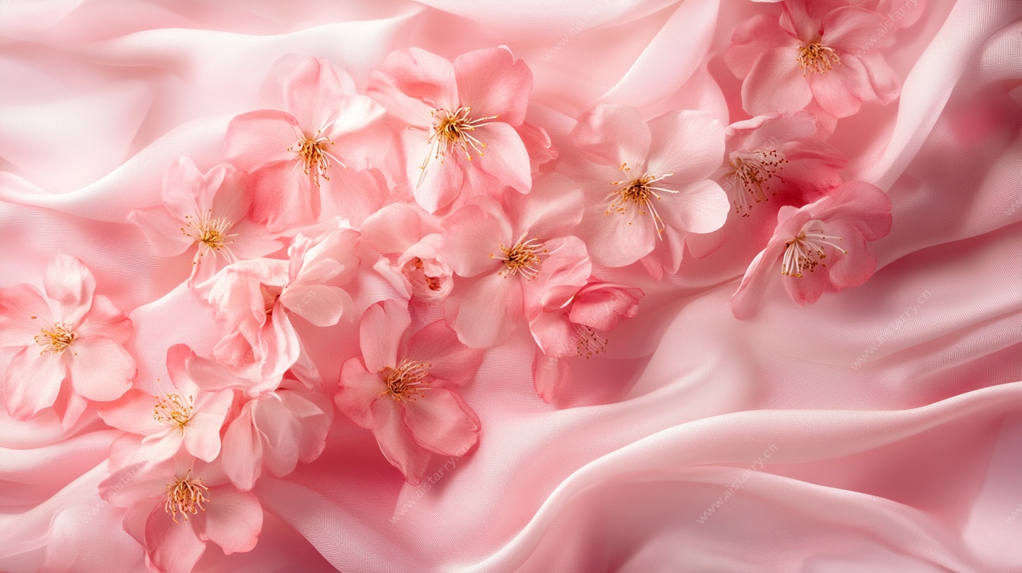 粉色绸缎上的娇艳樱花