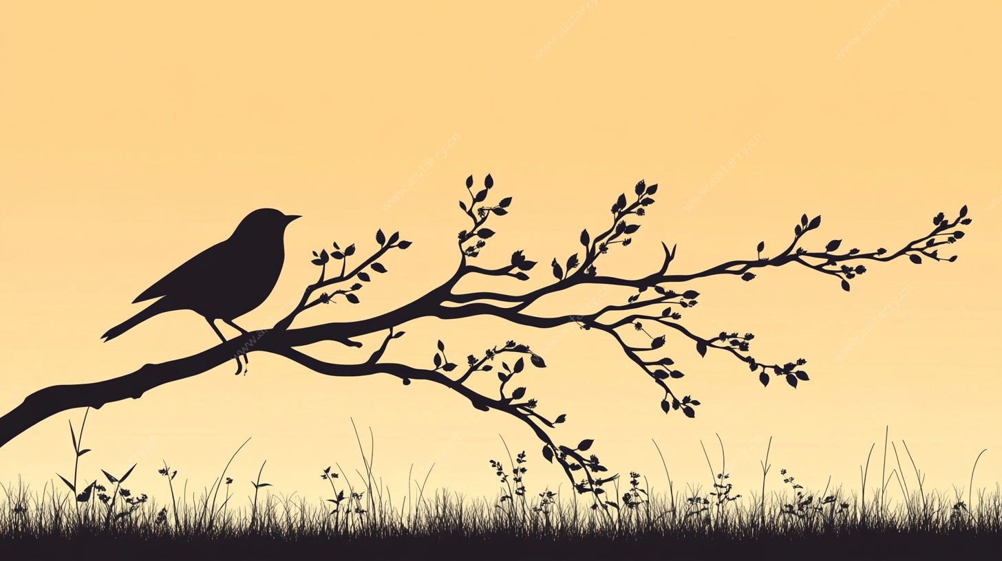 枝头栖鸟剪影图