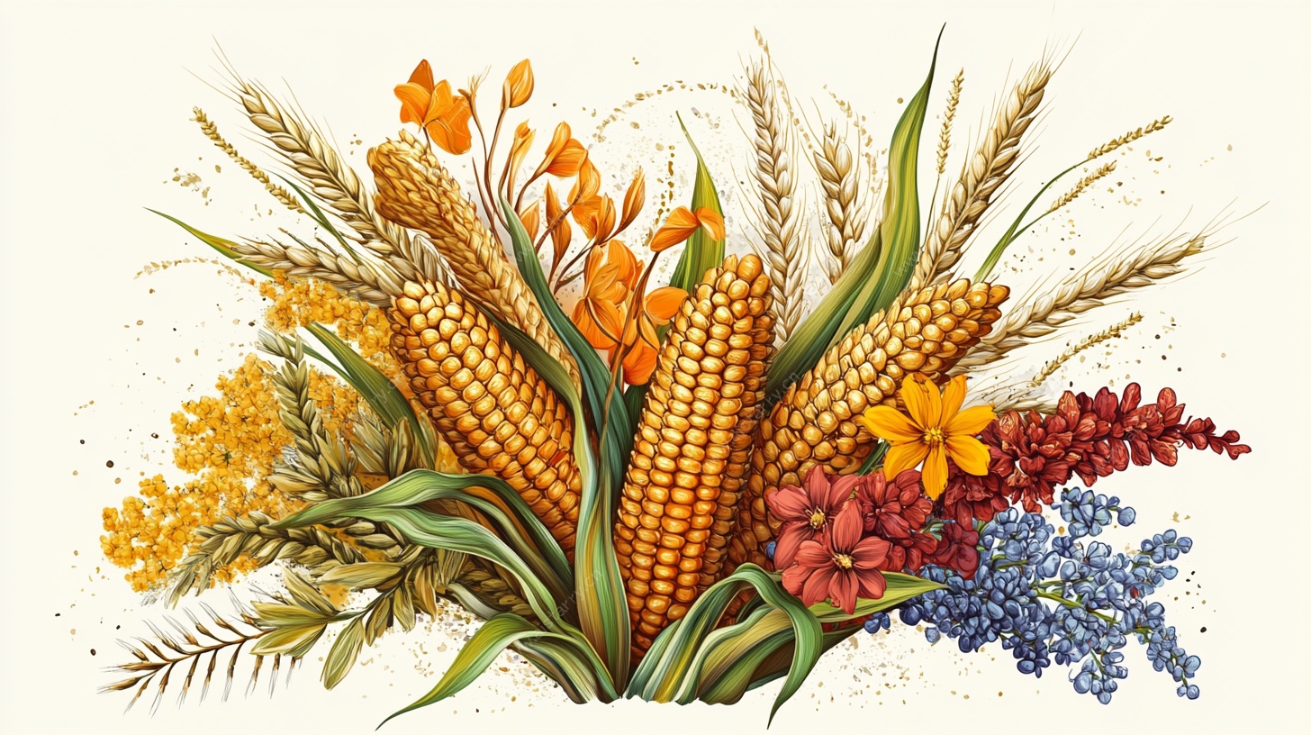 丰收花卉麦穗插画组合