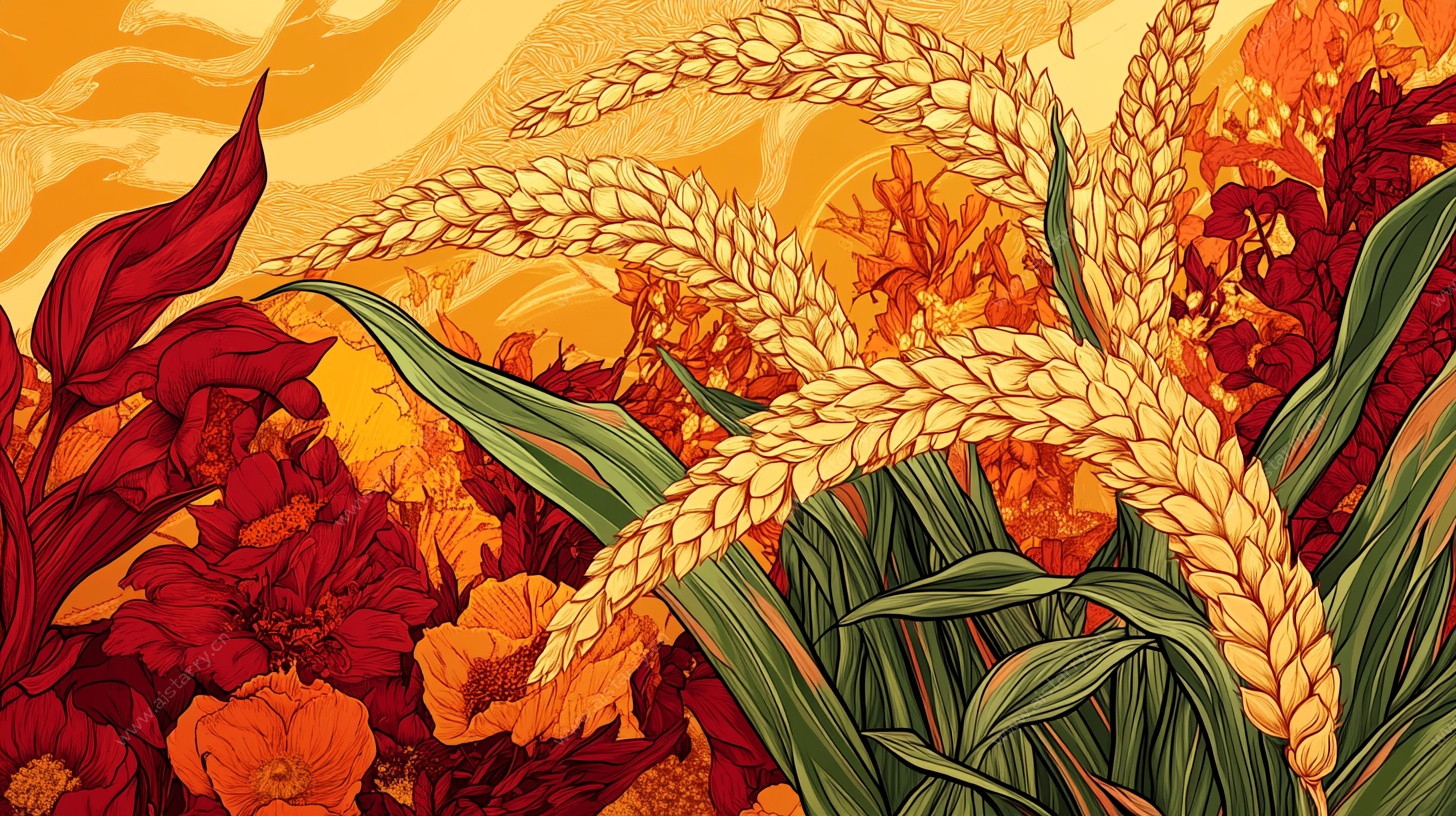 秋日麦田花卉插画