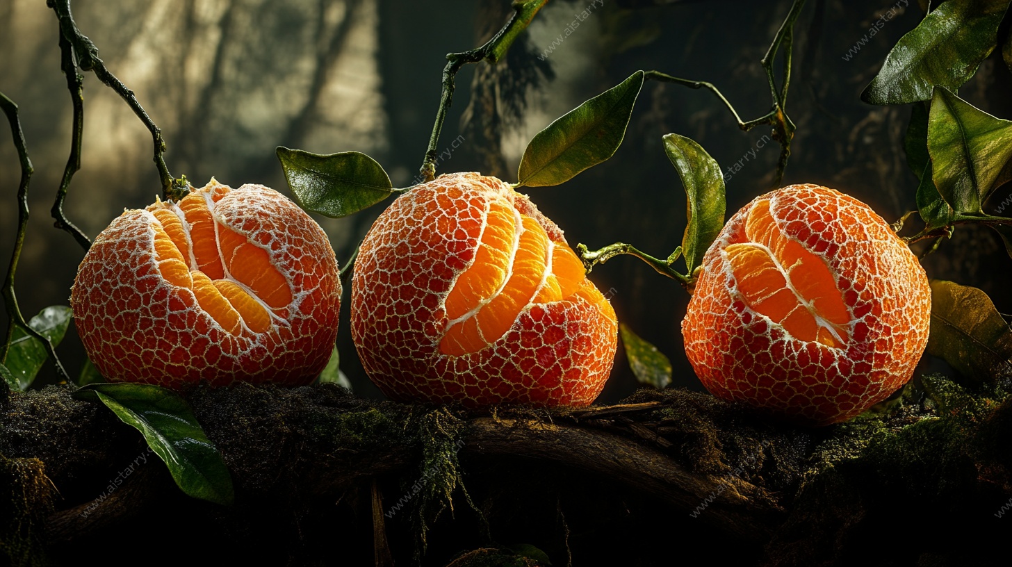 剥开的橘子在林间静物图