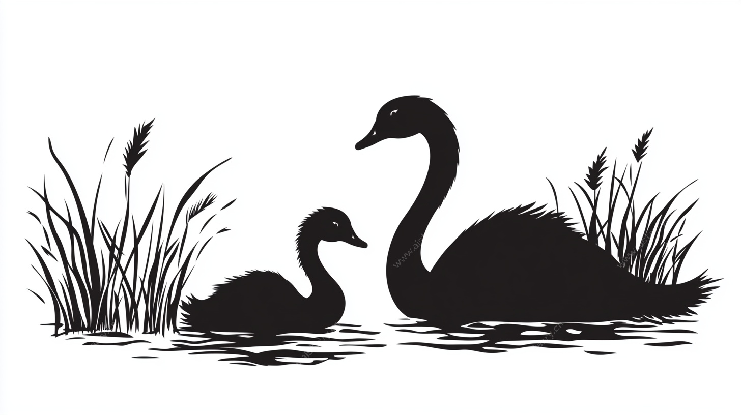 天鹅母子水中游剪影