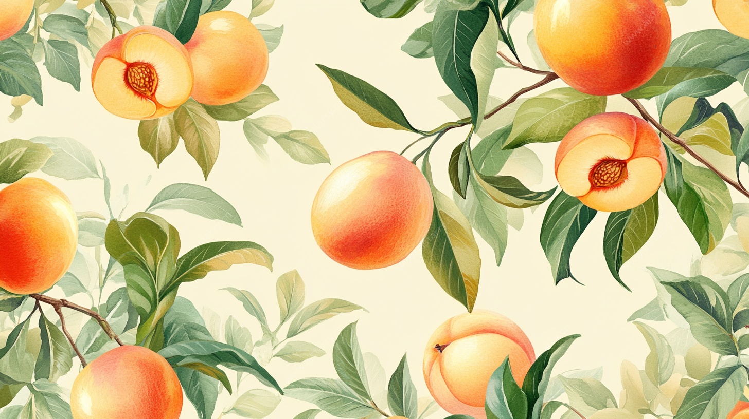 蜜桃绿叶无缝花纹图案