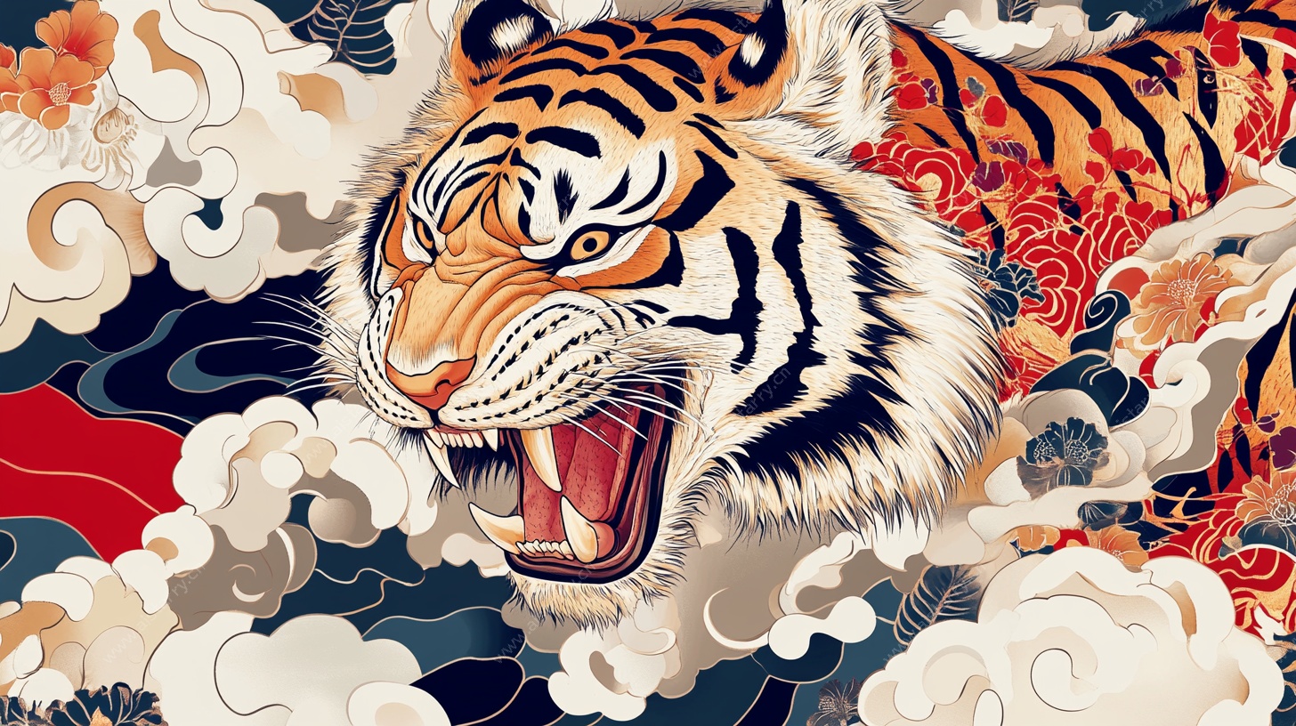 咆哮猛虎伴繁花云海