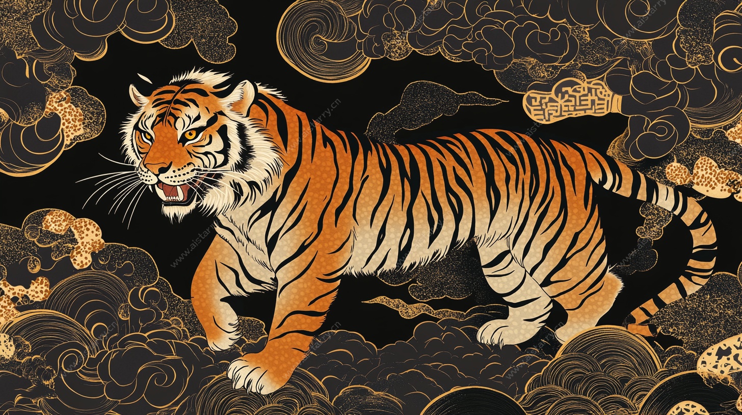中式猛虎云纹国风插画