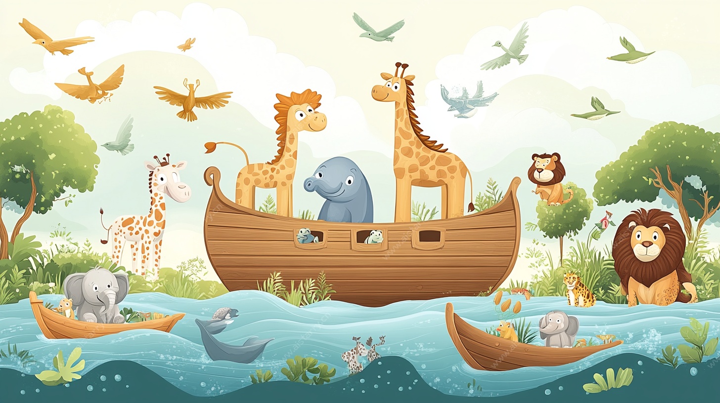 动物乘舟的奇幻冒险场景