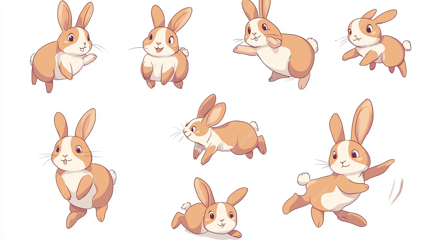 可爱兔子的多样动态姿态