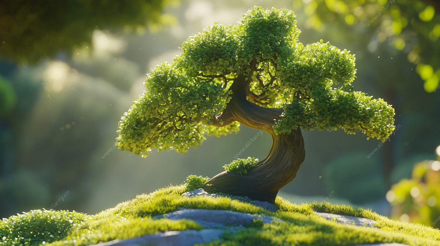 阳光下的盆景松树