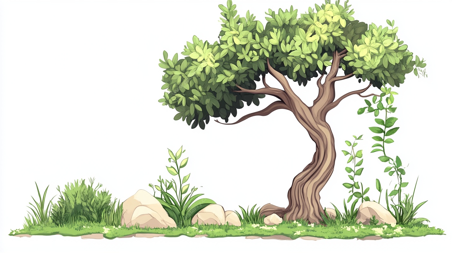 单株绿树与石草插画