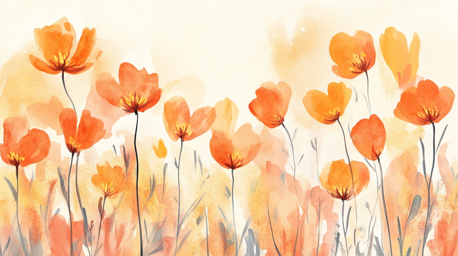 橙色花卉水彩画