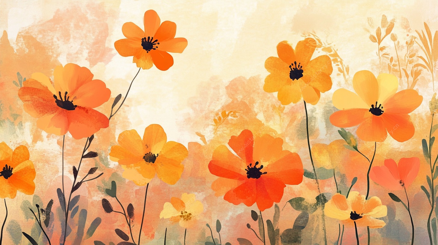 橙色花卉水彩插画