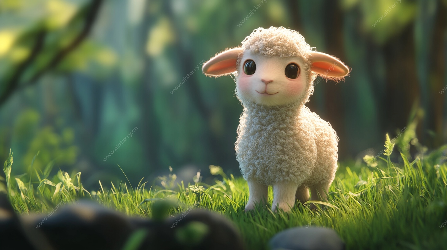 可爱小羊立于绿意森林中