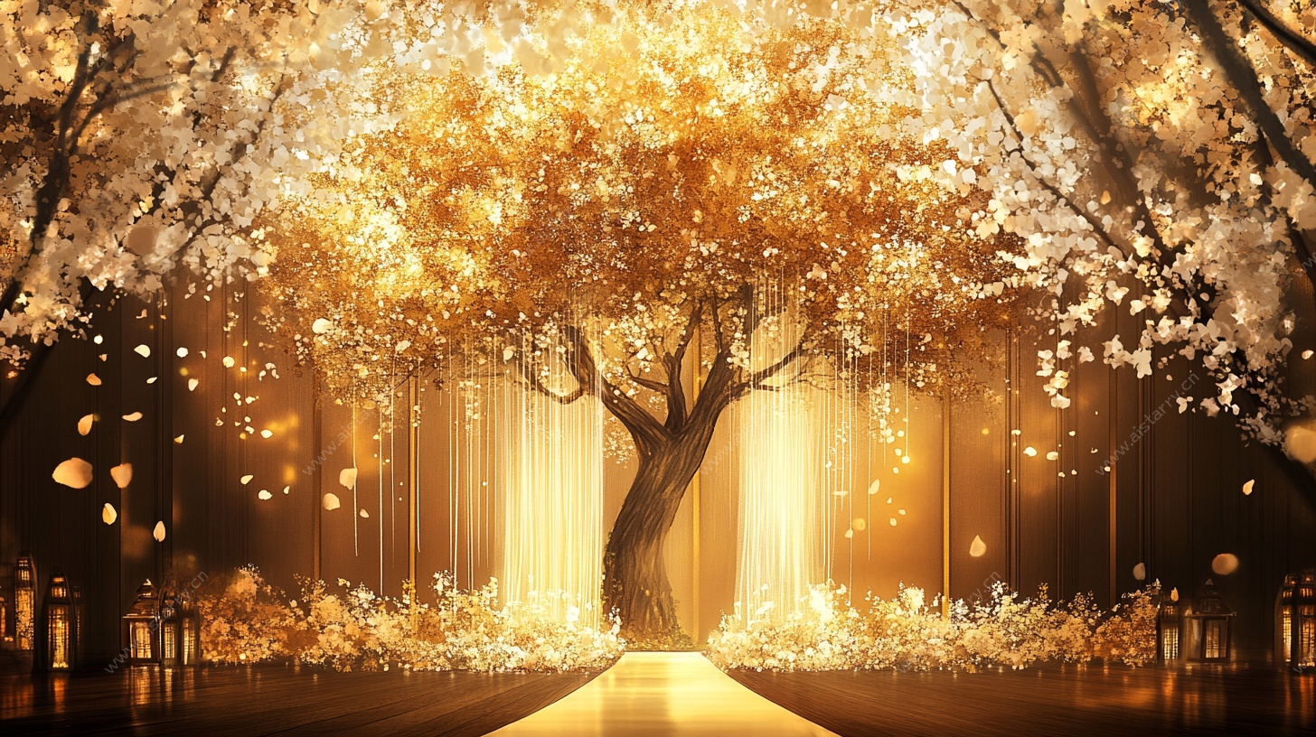 梦幻金色婚礼树景布置