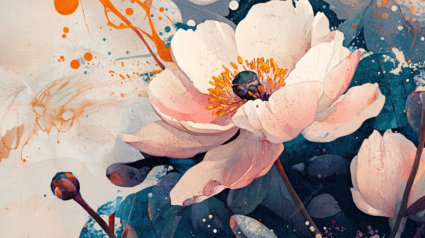 水墨风绽放的娇艳牡丹