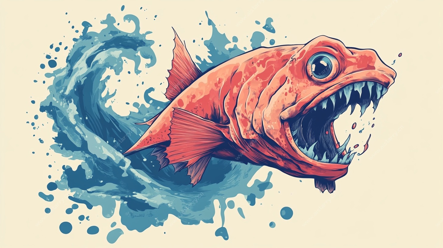 水彩风凶猛红鱼插画