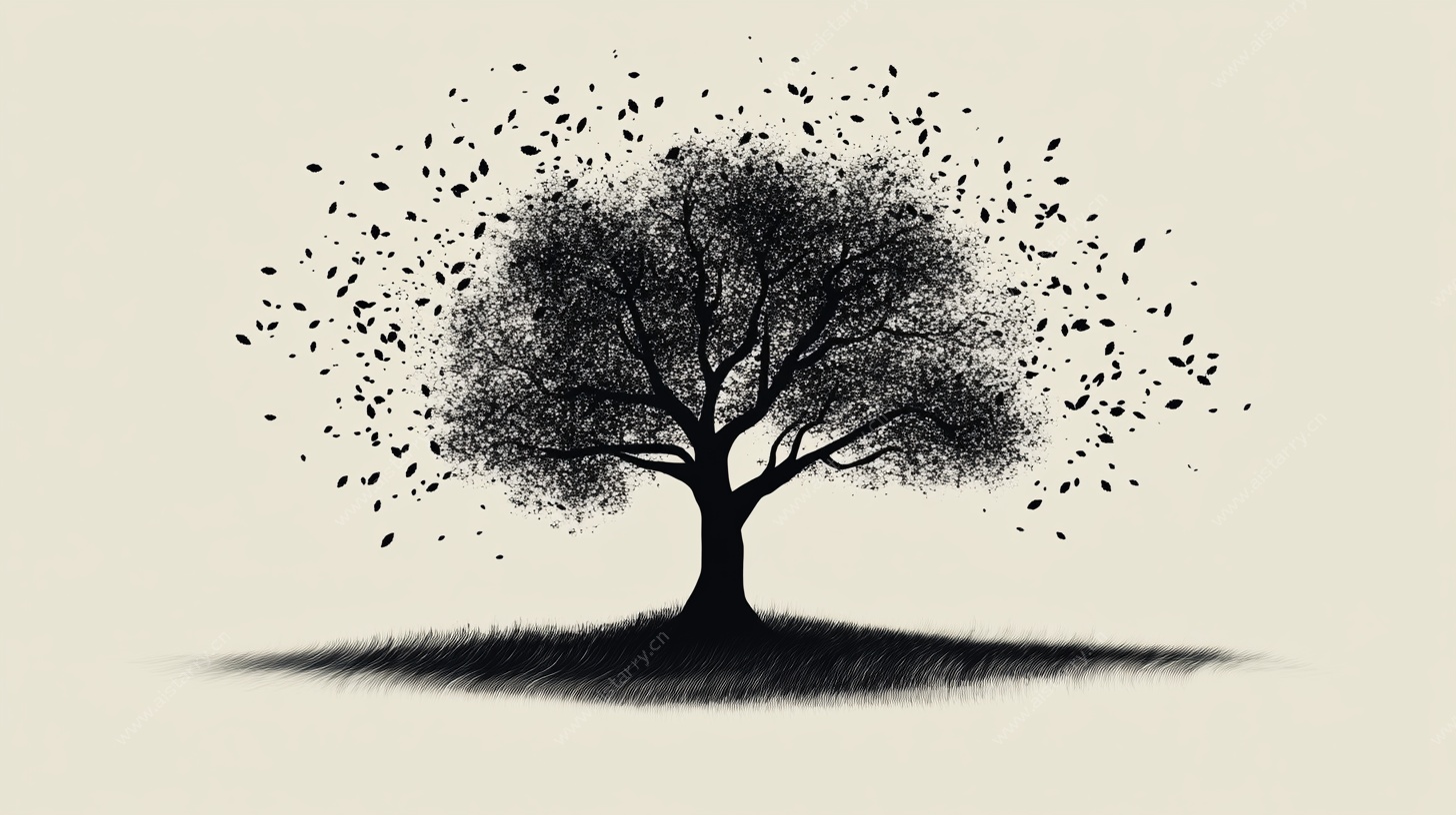 水墨风格孤树落英图