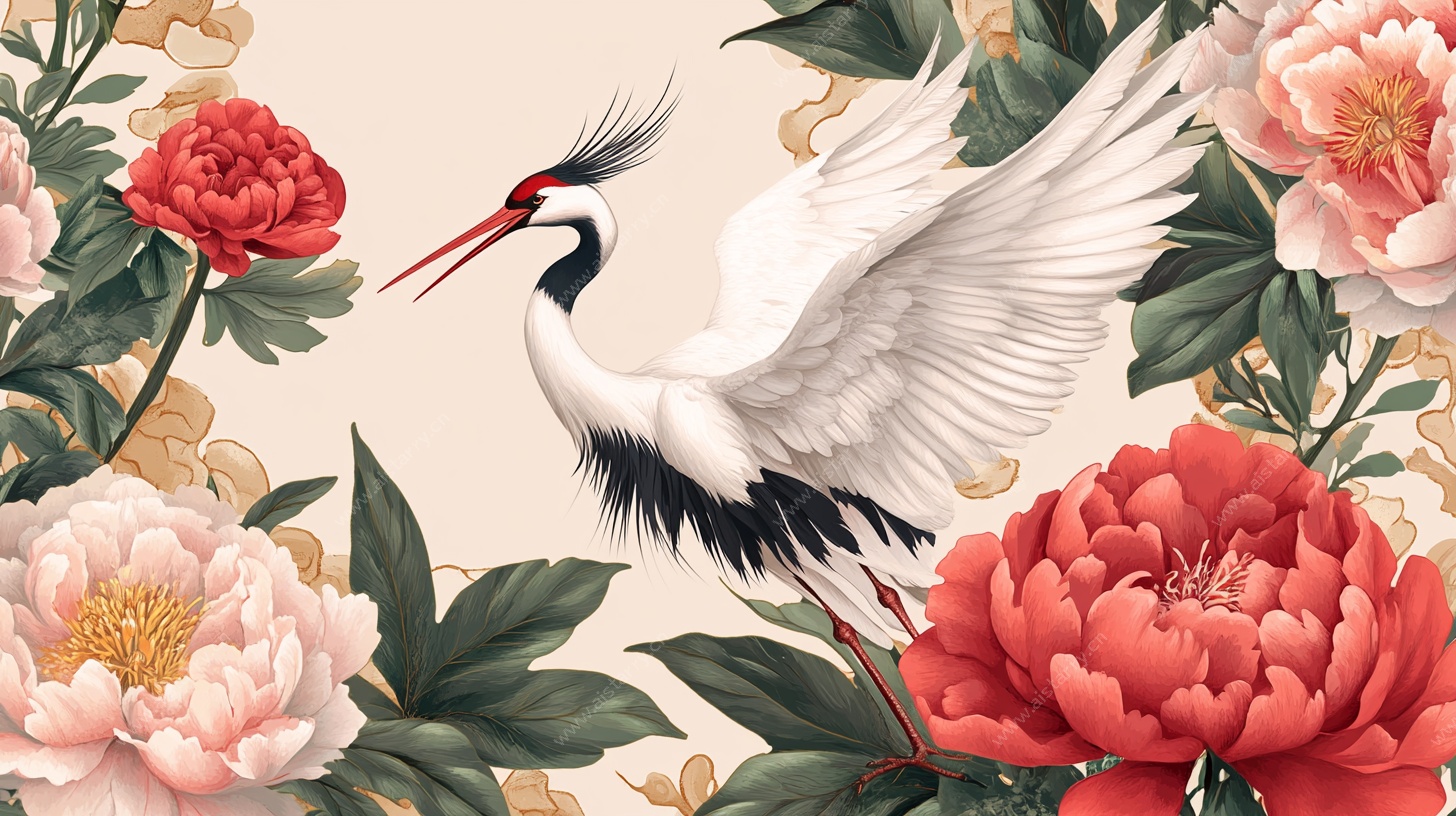 丹顶鹤伴牡丹中式插画