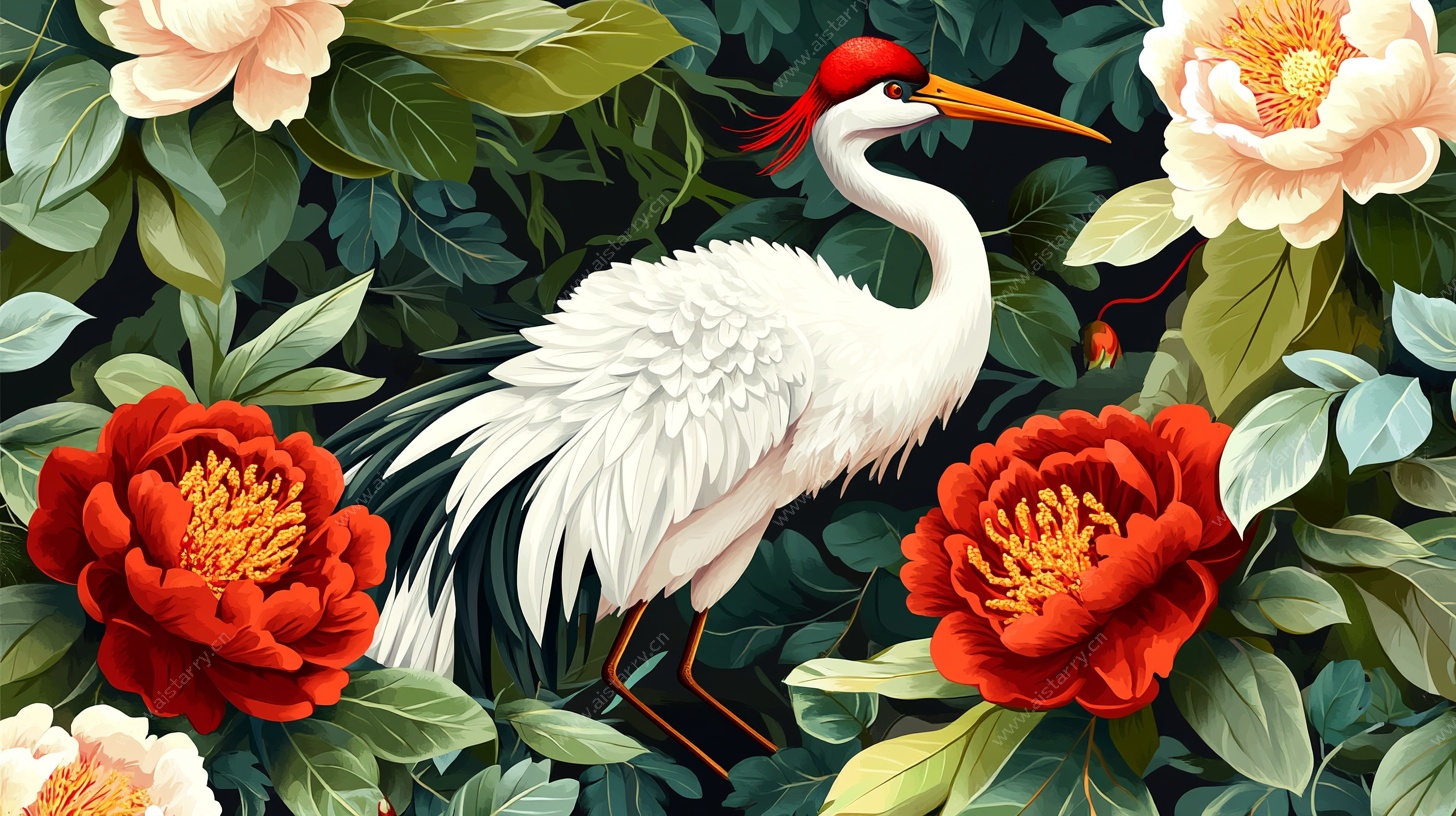 丹顶鹤与牡丹插画作品