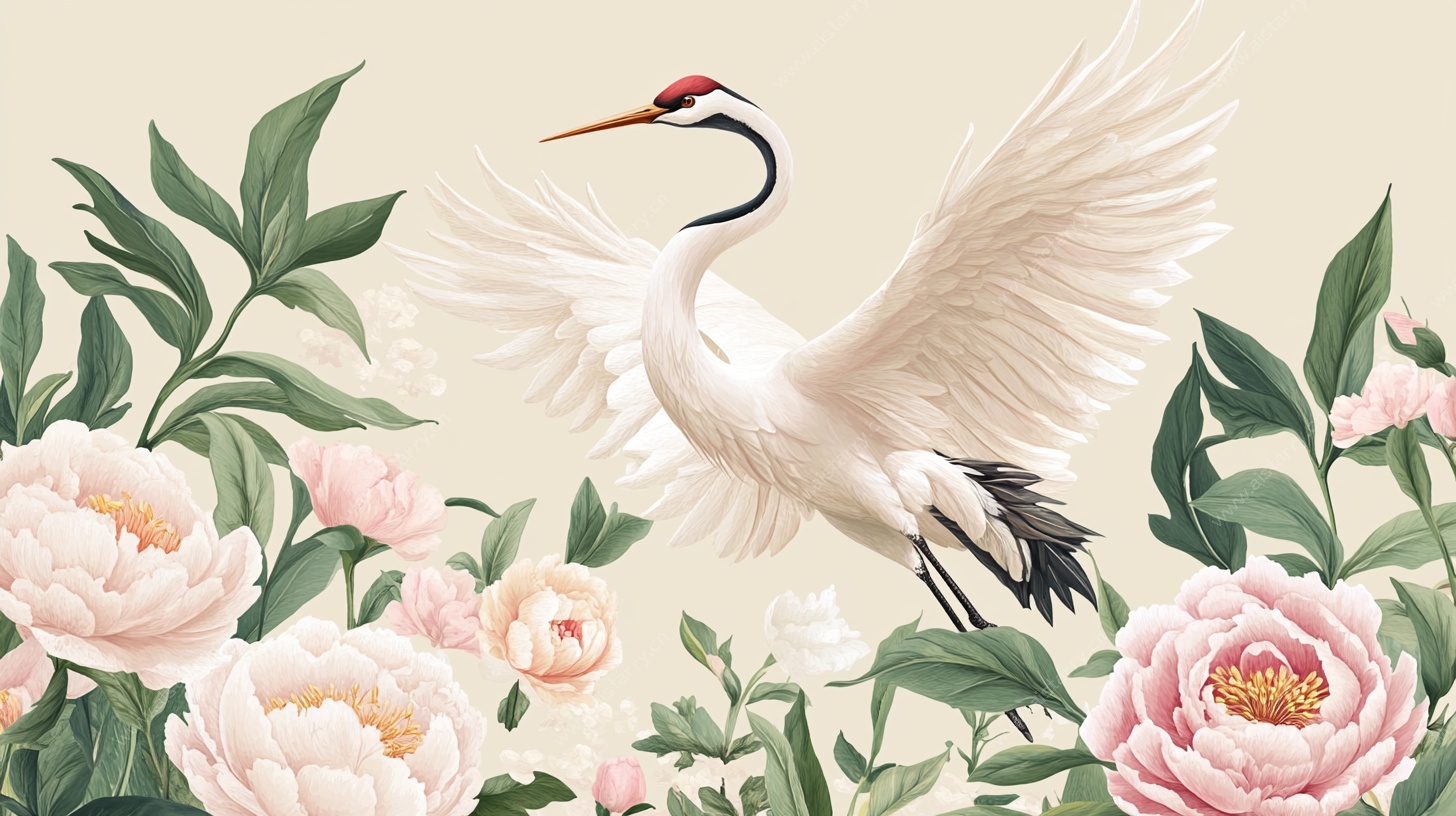 丹顶鹤伴牡丹优雅图