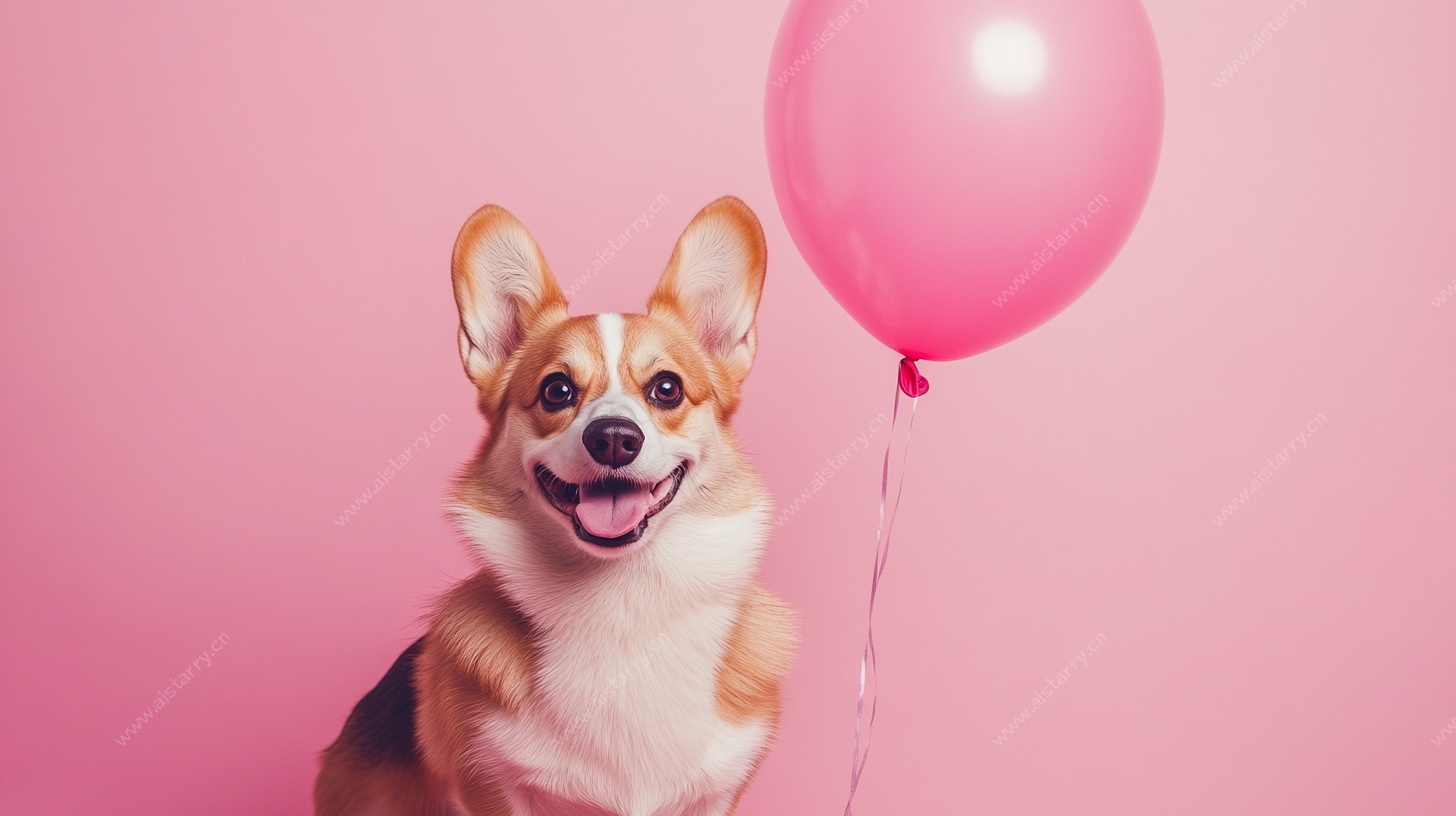 可爱柯基与粉色气球
