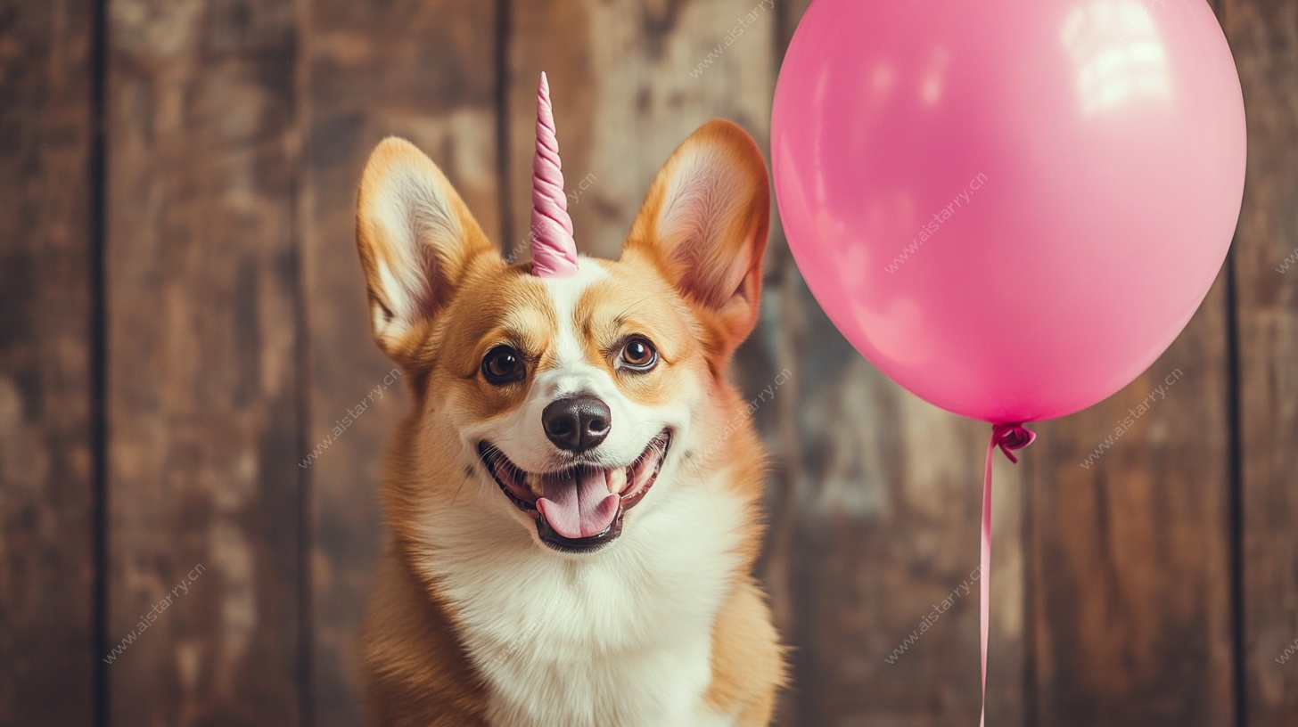 戴独角的欢乐气球小狗