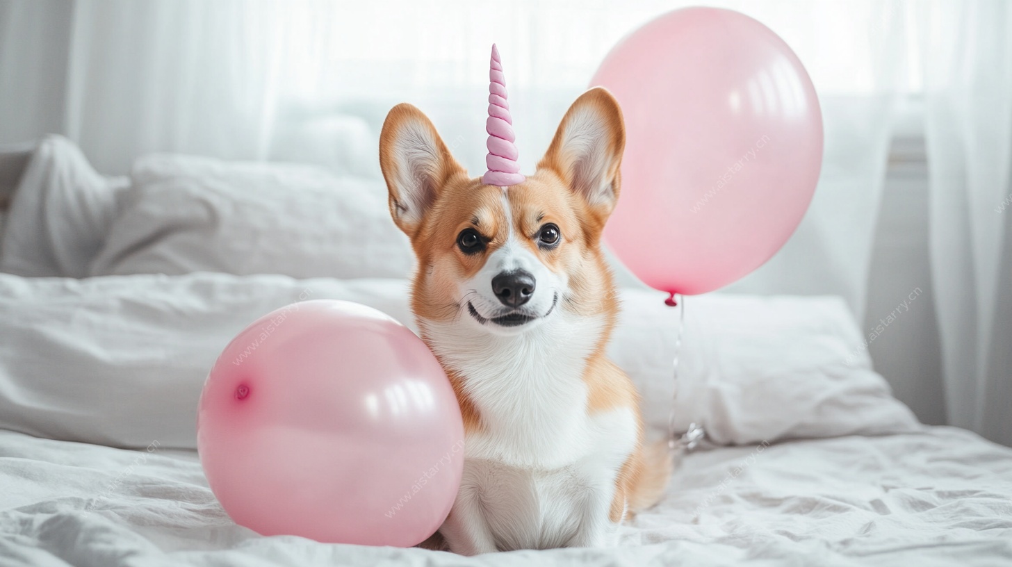 戴着独角的柯基与粉气球