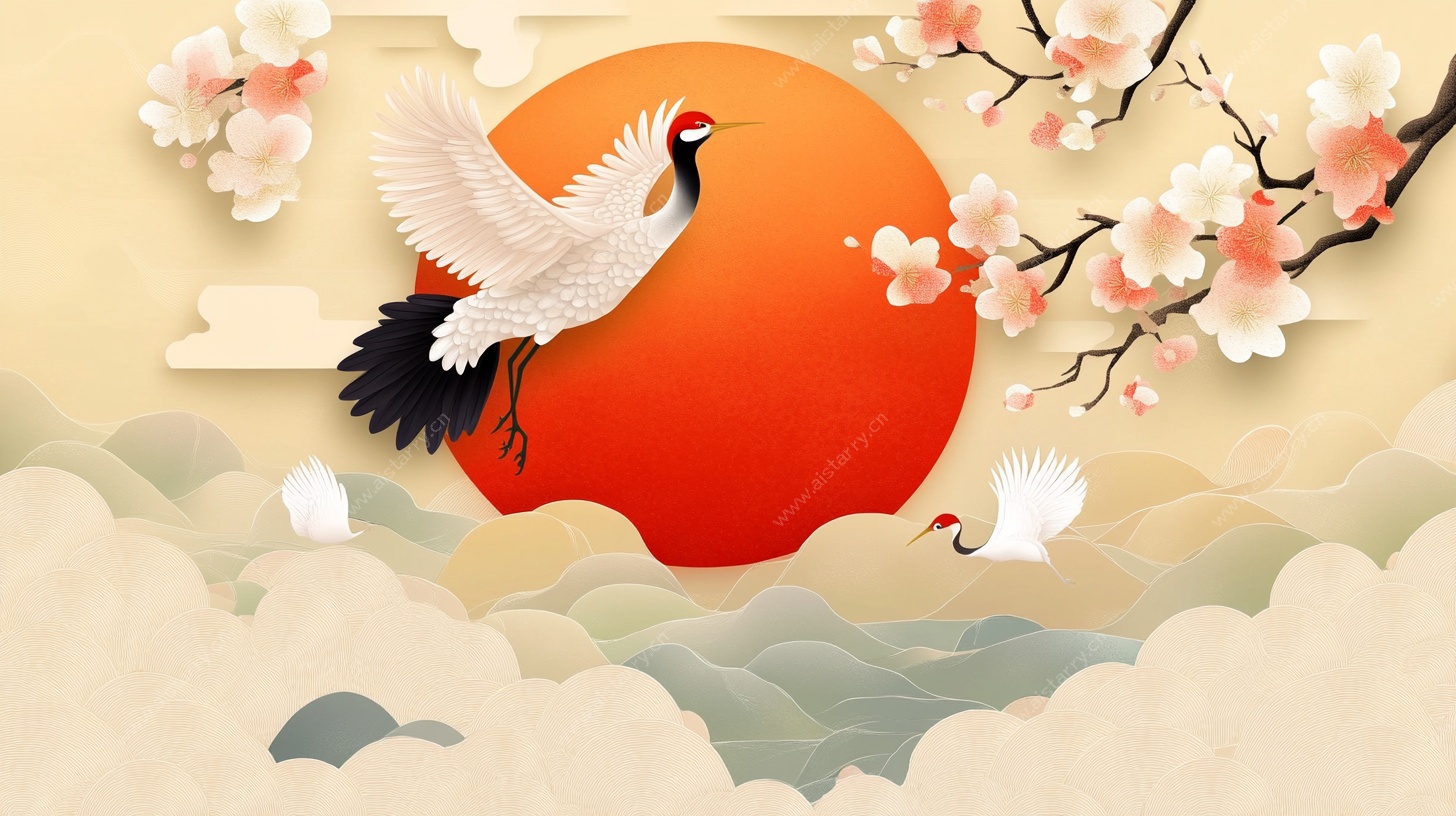 红日白鹤春景图