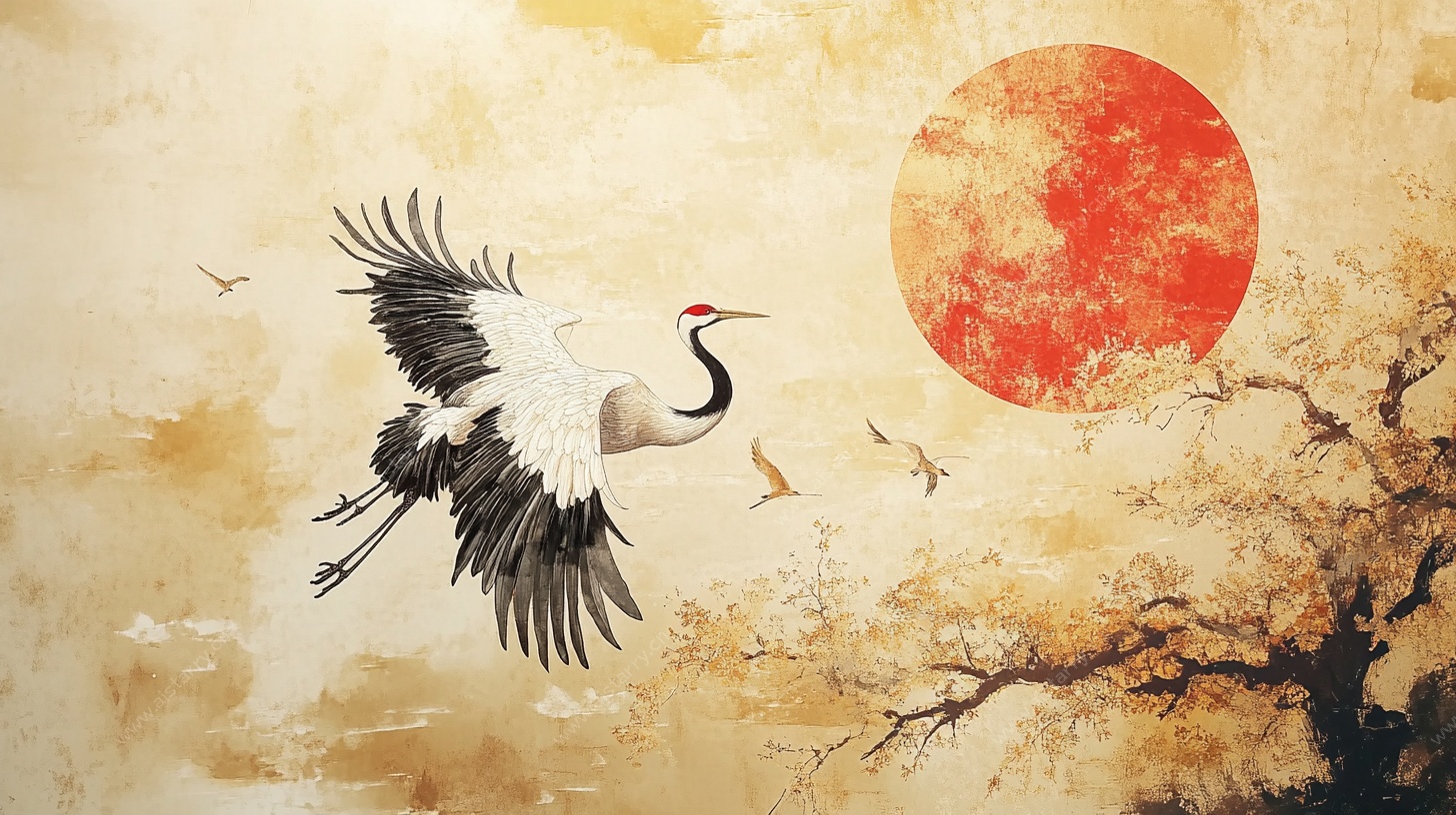 丹顶鹤伴红日翱翔图