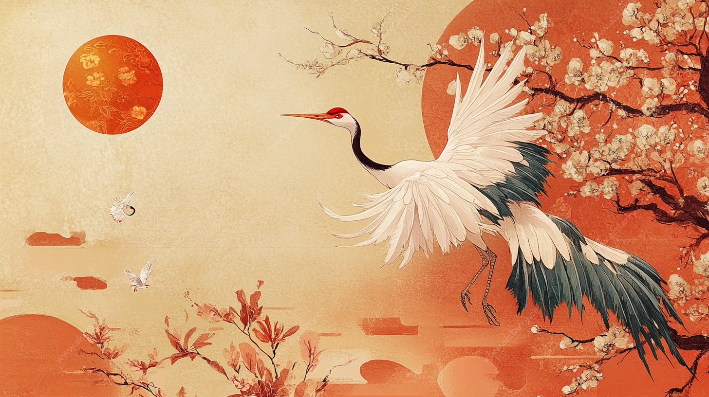 丹顶鹤于夕阳繁花间飞舞