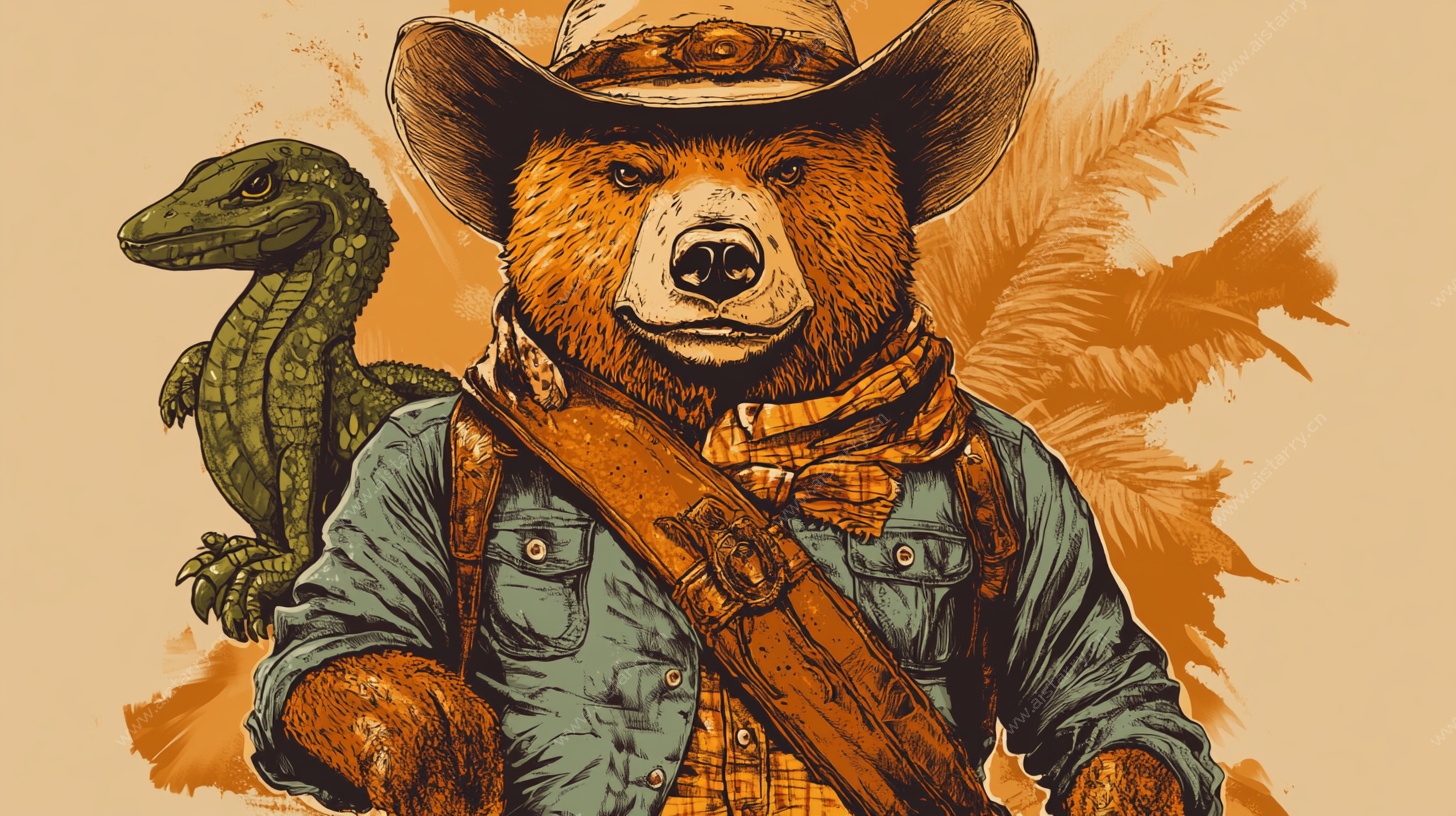 牛仔熊与蜥蜴奇幻插画
