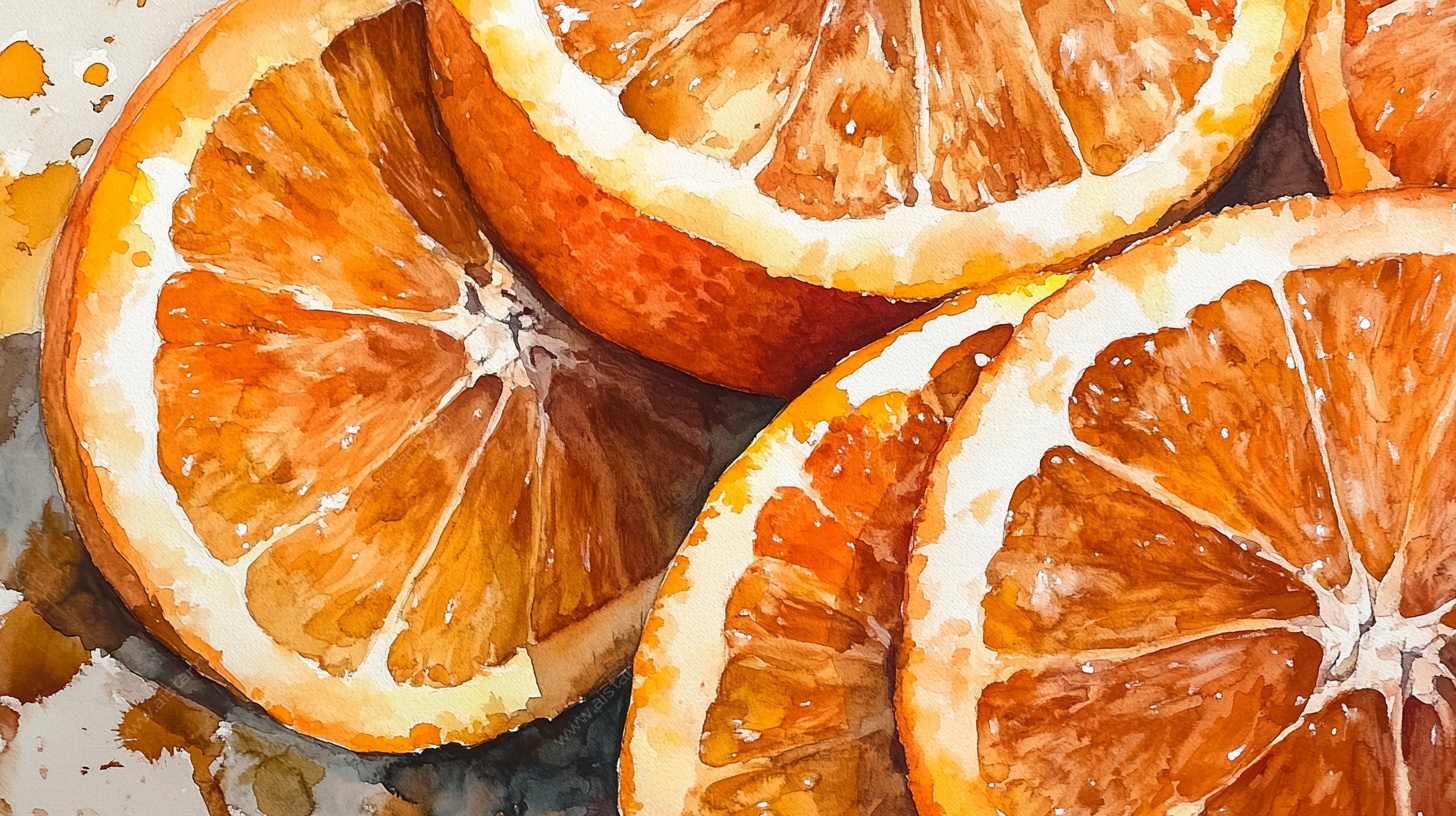 水彩橙子切片特写