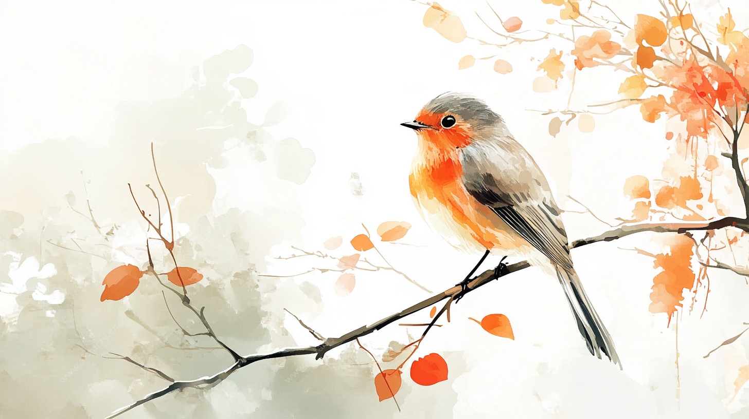 水彩画中栖于枝头的小鸟