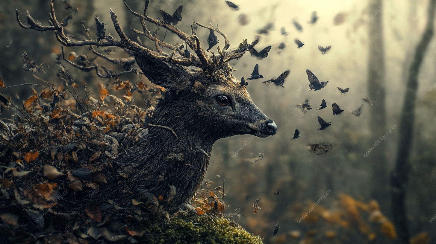 鹿首与蝶的奇幻森林景象