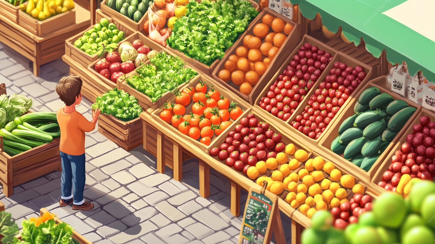 男孩逛蔬果摊插画
