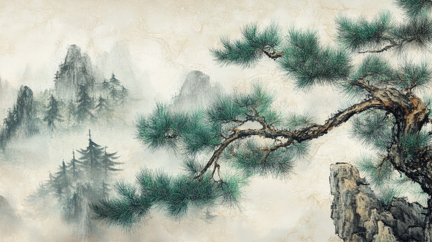 水墨青松映远山