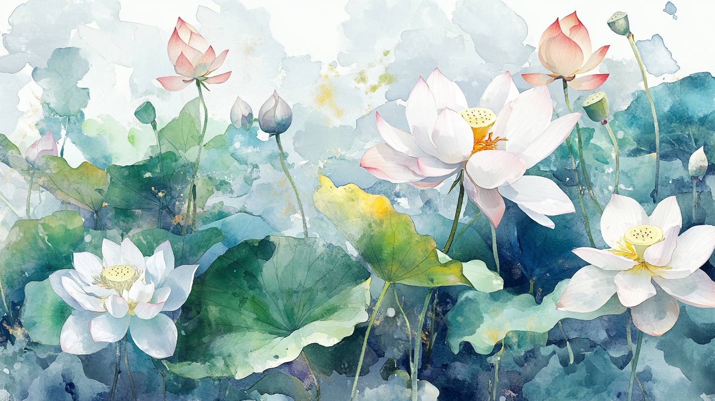 水彩绘夏日荷花美景