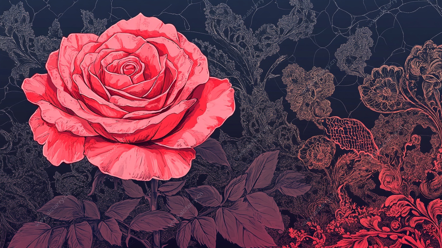 复古风红玫瑰花卉插画