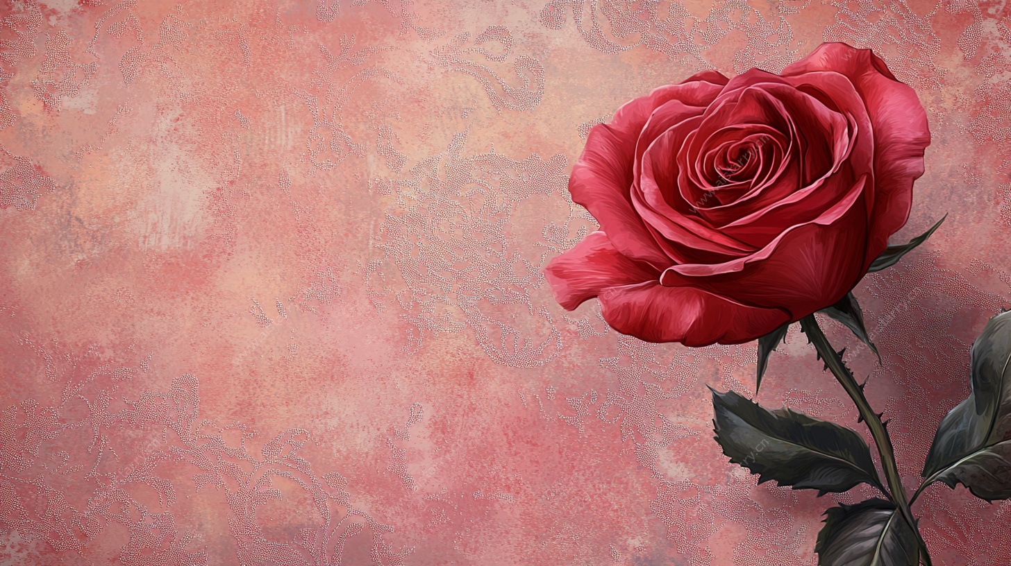 娇艳红玫瑰独绽于粉墙