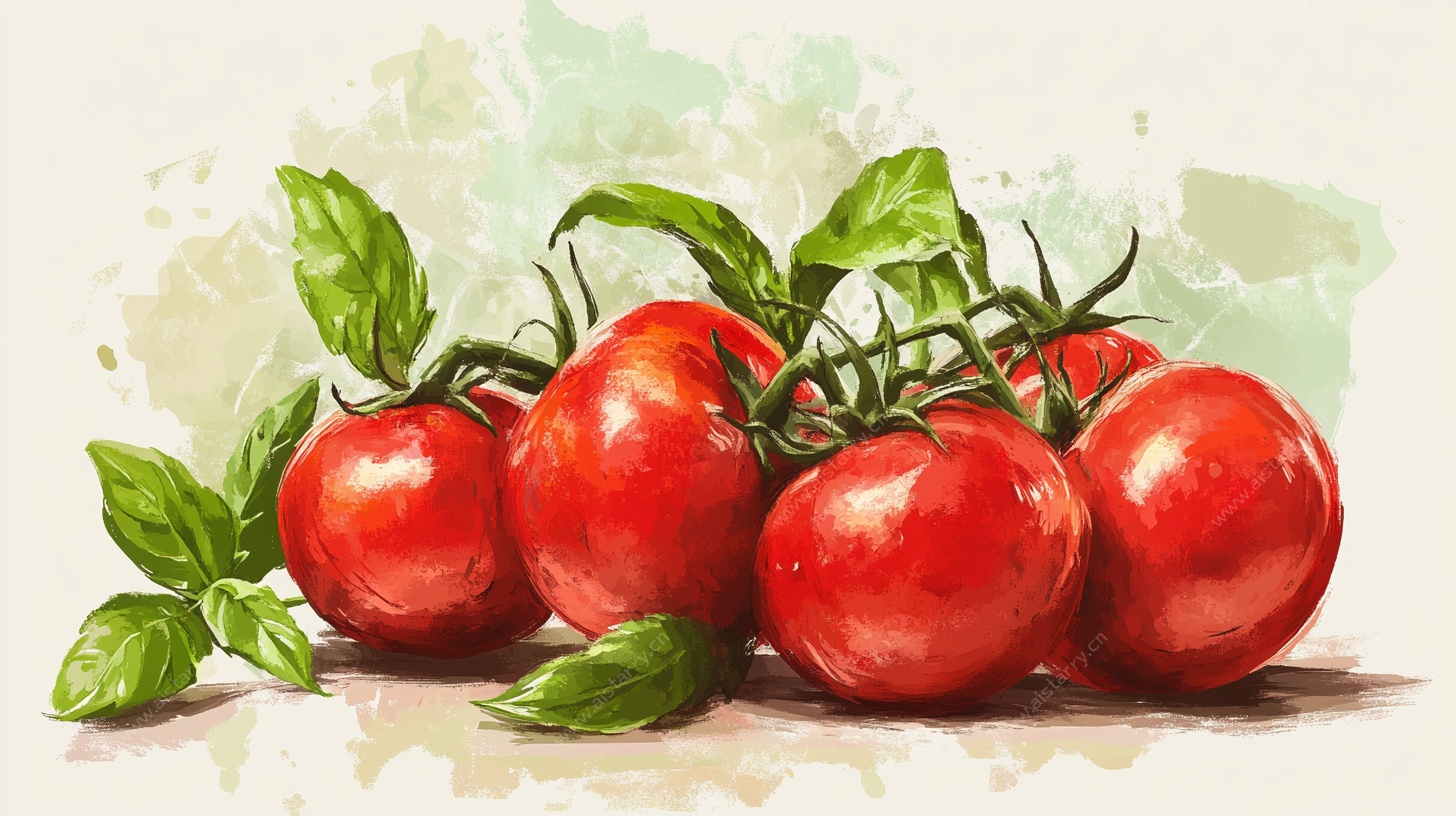 水彩风新鲜番茄与罗勒叶
