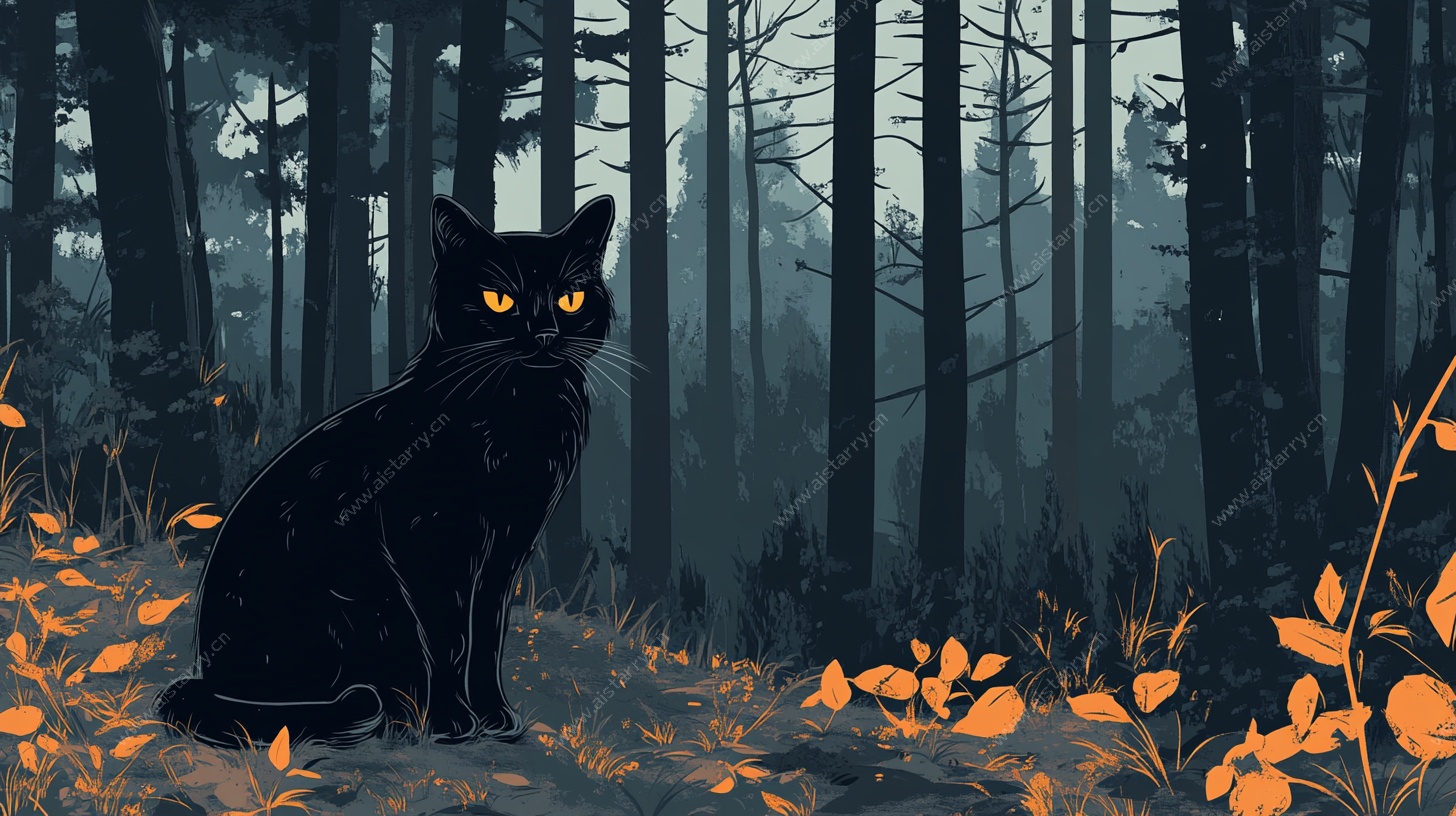 黑猫独坐幽森树林间